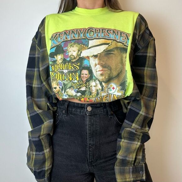 Reworked Music Band Tee Kenny Chesney Long Sleeve Flannel Brooks & Dunn Shirt - Picture 4 of 4